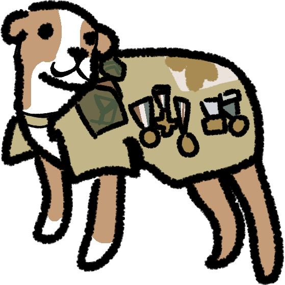 Sergeant Stubby the dog. He has brown fur with white spots on his face and front paws and is wearing a dog sized military uniform with many awards on it. He is standing and looking to the side.